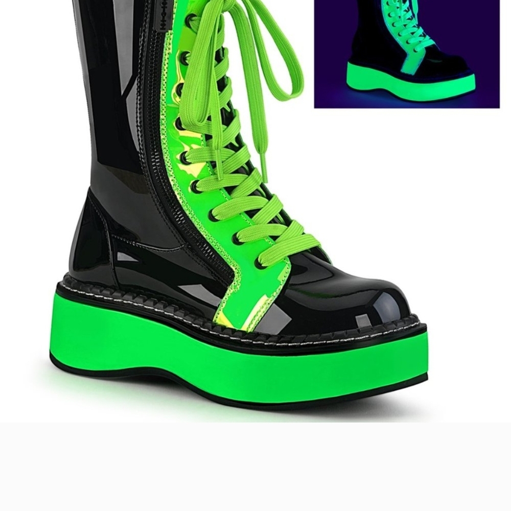 Demonia Black and Neon Green Lace-Up Platform Boots